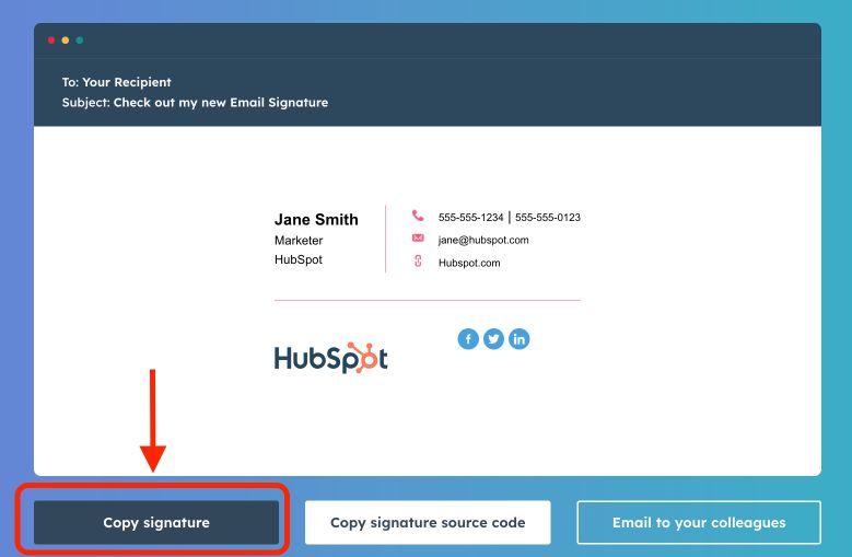 HubSpot Email Signature Generator with a highlight on the ‘Copy signature’ option.
