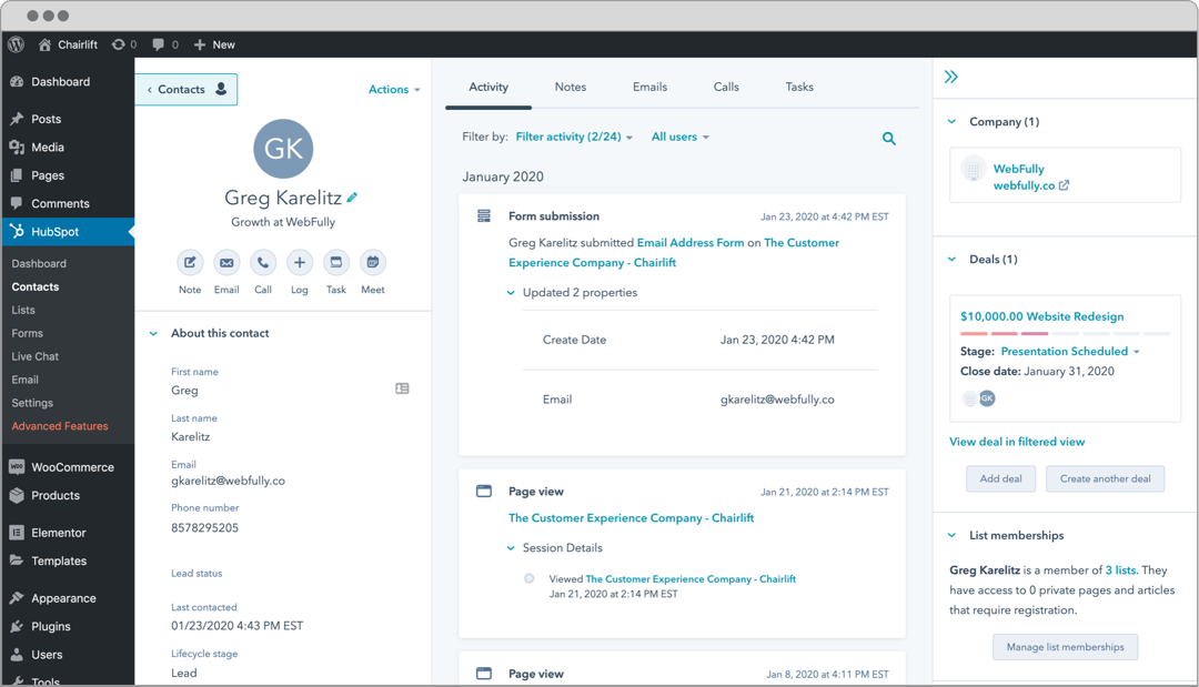 HubSpot WordPress Plugin inside HubSpot