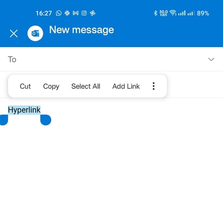 Selecting text to hyperlink in Outlook mobile. 