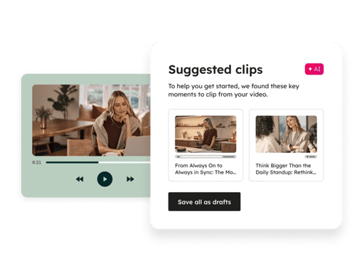 Shows a HubSpot user using the AI clip generator to suggest and generate shorter clips from a longer video.