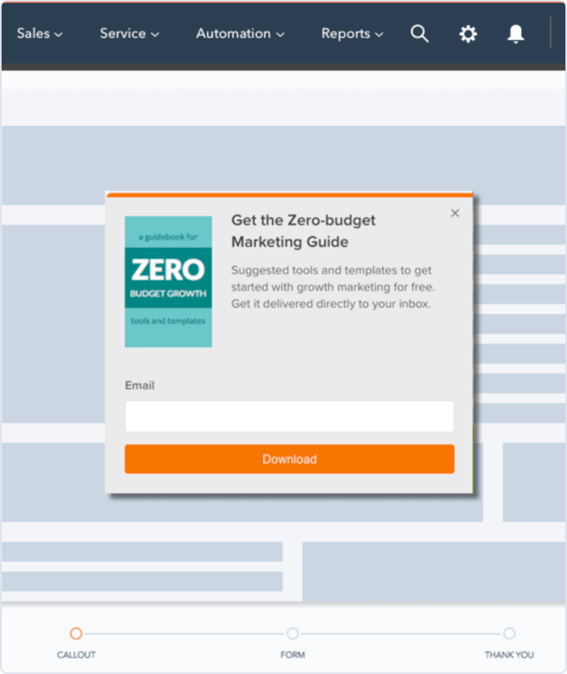 Simplified HubSpot UI showing a pop-up form modal for collecting a visitor's email address