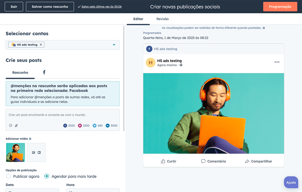 captura de tela da ferramenta de gestão de redes sociais da HubSpot