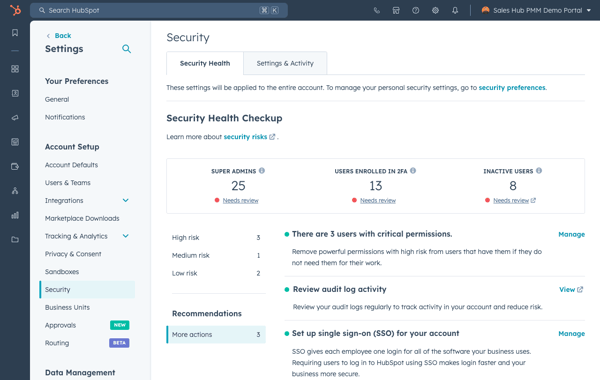 Screenshot of the HubSpot user interface showing various security settings