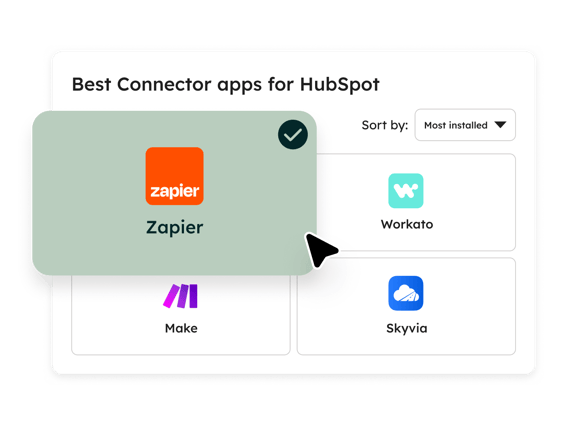 Shows a handful of connector apps that can be integrated with HubSpot, including Zapier, Workato, Make, and Skyvia, sorted by most installed apps.