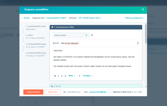 Sales-E-Mail-Sequenz in der Benutzeroberfläche von Sales Hub