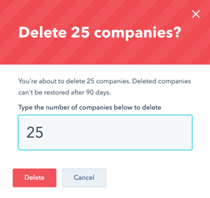 A dialog box for bulk deleting records in HubSpot, prompting the user to enter the number of records to confirm deletion