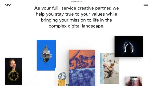 Interactive website Whiteboard displays a digital portfolio collage that readers can click on to view individual projects