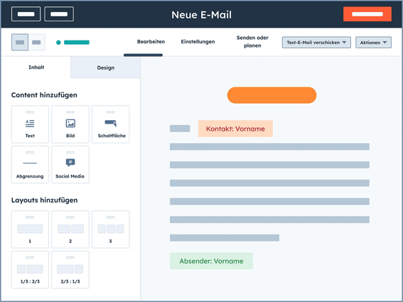 Die HubSpot-Benutzeroberfläche zeigt den E-Mail-Designer mit Drag-and-Drop-Funktion, Personalisierung und vielem mehr