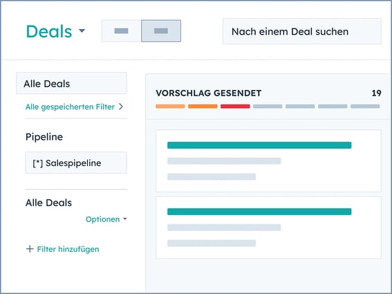 Die HubSpot-Benutzeroberfläche zeigt die Salespipeline im Deals-Dashboard eines Nutzenden