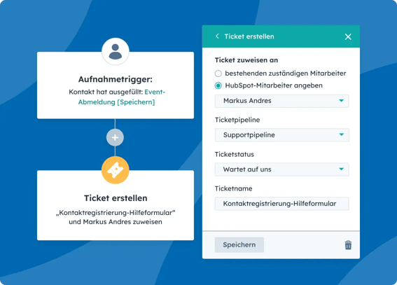 Vereinfachte Benutzeroberfläche von HubSpot, die zeigt, wie Nutzende einen Workflow erstellen können, der ein Kundensupportticket auf Grundlage der übermittelten Formulare generiert