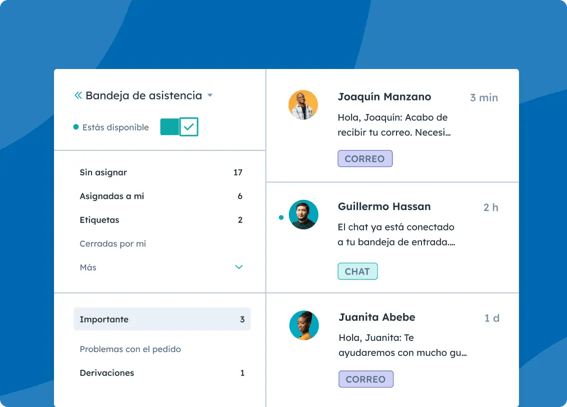 Interfaz del usuario simplificada de HubSpot que muestra la bandeja de entrada compartida para servicio al cliente con las conversaciones por chat y correo electrónico de clientes y distintos filtros