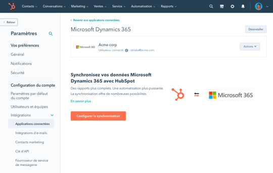 Exemple d'une synchronisation de données entre HubSpot et Microsoft Dynamics 365