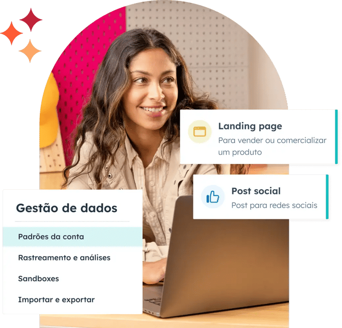 Mulher com laptop e caixas de texto mostrando gerenciamento de dados: padrões de conta, rastreamento e análise, sandboxes, importação e exportação; landing pages e postagens sociais.