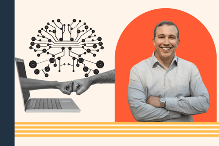 HubSpot CMO stands beside a computer with an AI-generated network