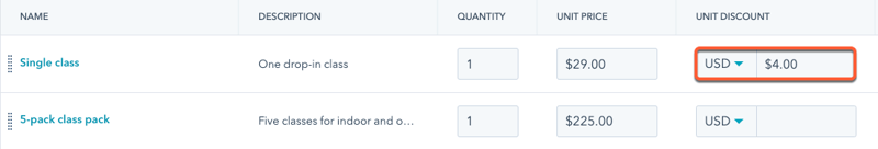 Exemplo de um desconto unitário aplicado a um item de linha em uma fatura HubSpot, mostrando o preço original, o valor de desconto e o preço final.