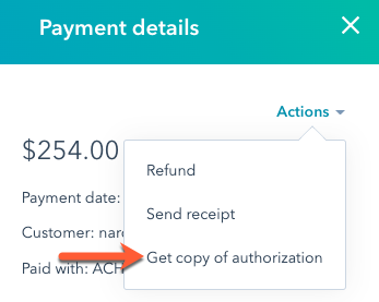 HubSpot payment record actions menu showing 'Get copy of authorization' for an ACH transaction.