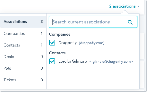 a dropdown menu displaying object to associate with an activity such as Contacts and Deals 