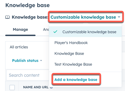 A screenshot of the knowledge base homepage, with the knowledge base dropdown menu in the top left highlighted. The Add a knowledge base option in the dropdown menu is also highlighted.