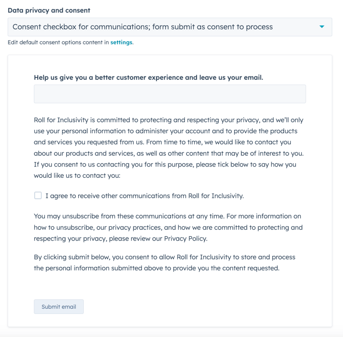Knowledge base settings page on the "Feedback tab" a section labeled "Data privacy and consent." It shows a dropdown menu for "Data privacy and consent" options. Below this, there's an editable link to "Edit default consent options content in settings." The main part of the screen is a preview for email submission, starting with "Help us give you a better customer experience and leave us your email." followed by an input field. Below, the rest of the preview outlines privacy information for the option selected. 