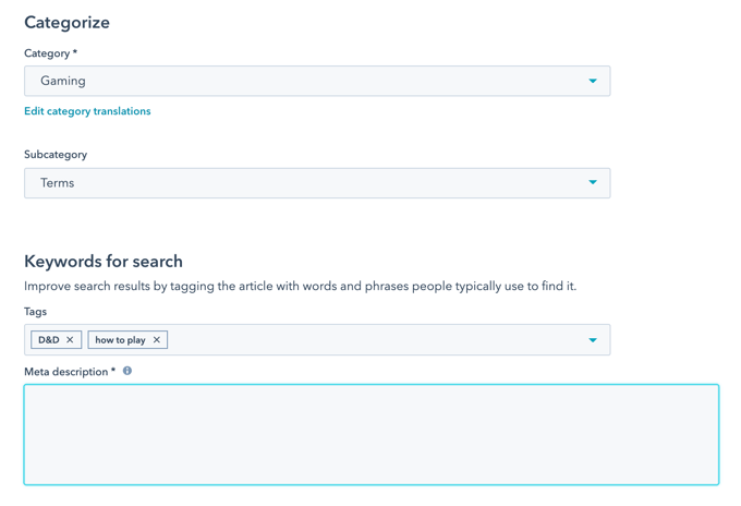 The knowledge base article settings "Categories" section for categorizing an article. Under "Categorize," there's a dropdown for "Category " with "Gaming" selected, and below it, a link "Edit category translations." A "Subcategory" dropdown shows "Terms" selected. Further down, under "Keywords for search," a "Tags" input field displays "D&D" and "how to play" as selected tags, each with an 'x' icon to remove them. Below the tags, there's a large, empty text area for "Meta description ", outlined.