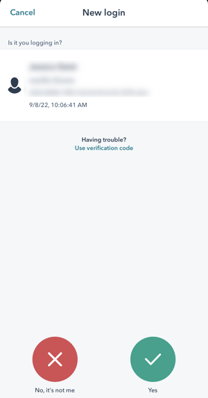 screenshot showing the 2FA prompt on the HubSpot mobile app
