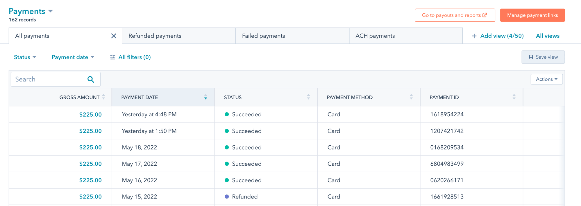 HubSpot payments index page listing transactions with details like status, buyer, and amount.