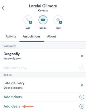 Contact "Lorelai Gilmore" is displayed on mobile app. an orange arrow points to "add deals".