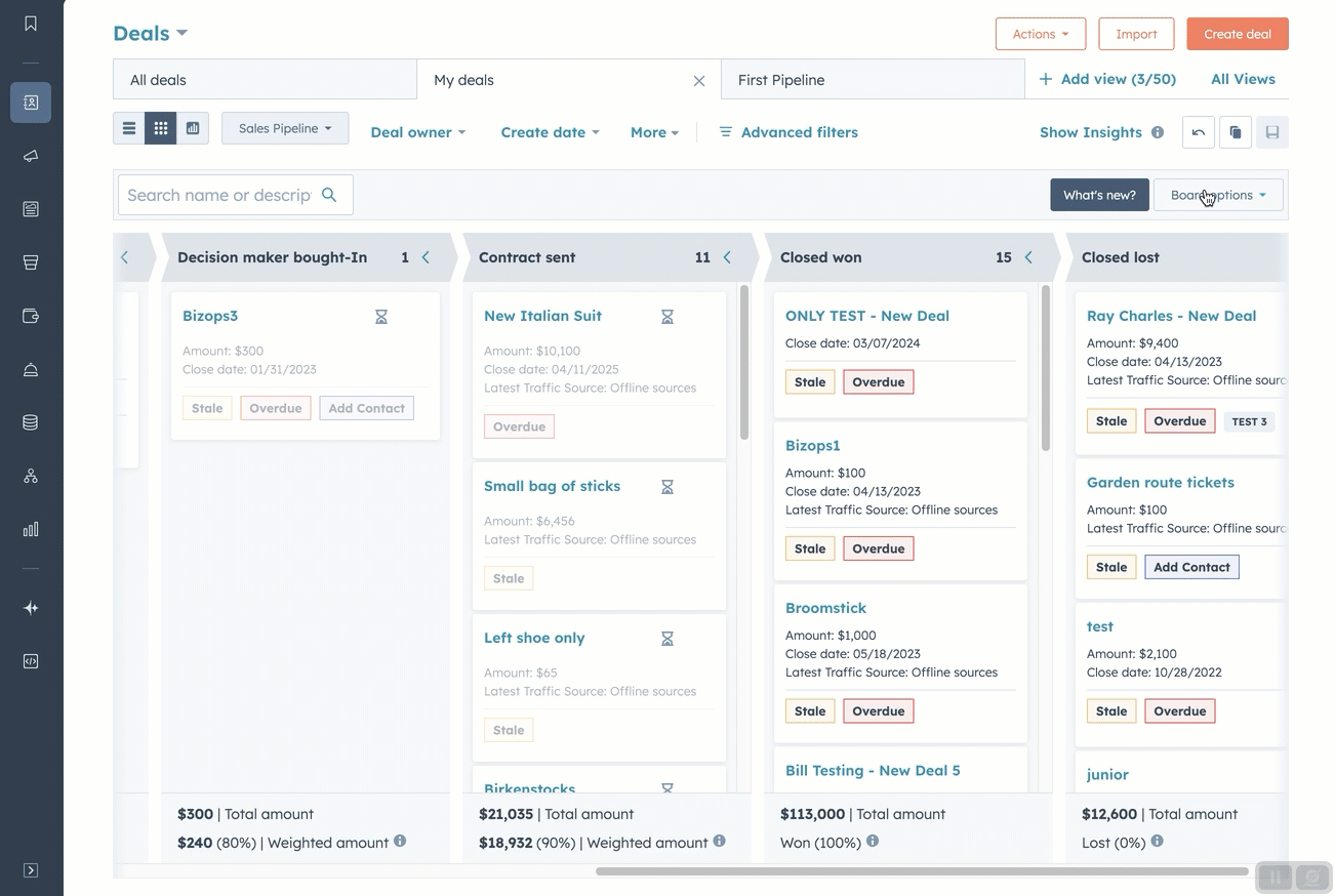 a GIF image showing a HubSpot deal board view. the user opens settings to manage sections by adding, removing, and reordering.