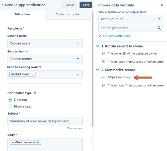 KB - use object summary action