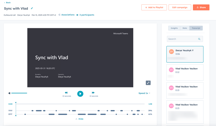 New screenshot showing example of Microsoft Teams meeting recording and transcript in HubSpot