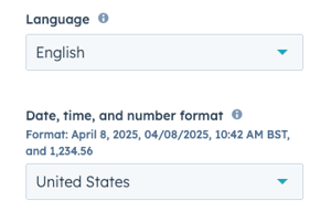 Capture d'écran montrant la langue, la date, l'heure et les paramètres de format de nombre pour l'utilisateur dans HubSpot
