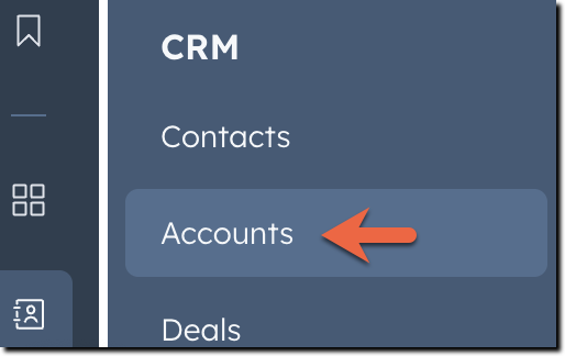 Screenshot of HubSpot global navigation bar. CRM is expanded with a renamed object "Accounts" shown.