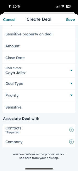 A screenshot of the 'Create Deal' screen on the HubSpot iOS mobile app. It shows fields for 'Amount,' 'Close Date,' and options to associate with Contacts or a Company