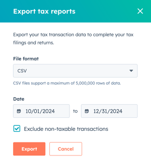 Dialog box in HubSpot to export tax reports, with options for file format and date range.