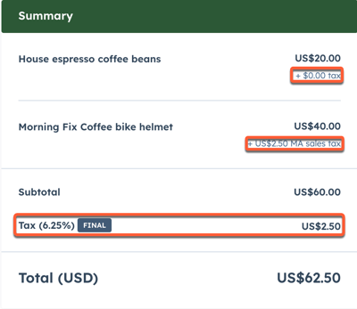 HubSpot payment link checkout page showing calculated sales tax.