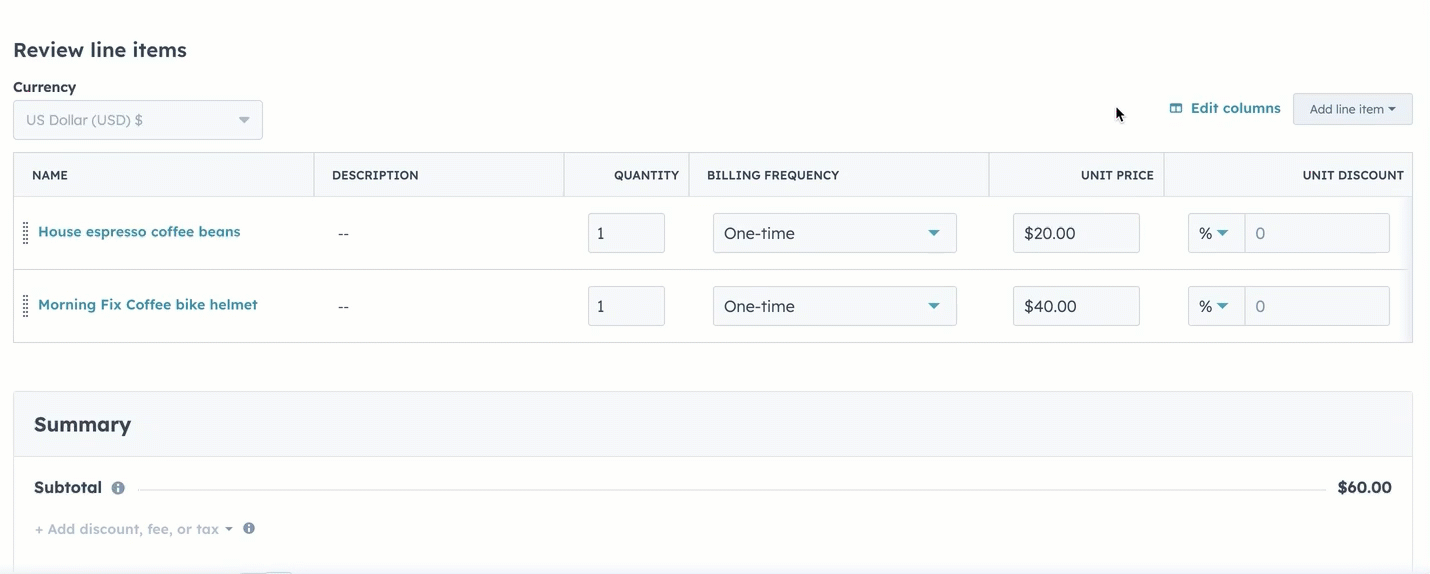 GIF demonstrating adding the Tax Category column for payment link line items in HubSpot.