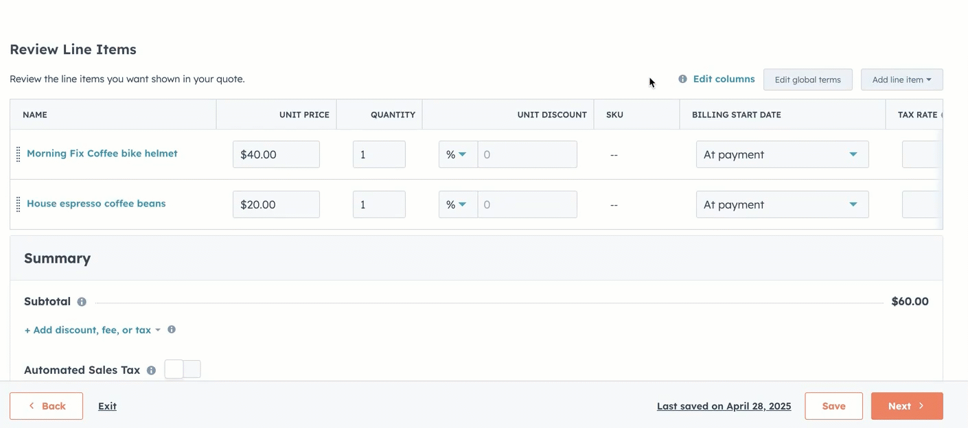 GIF showing how to add the Tax Category column in HubSpot quotes line items.