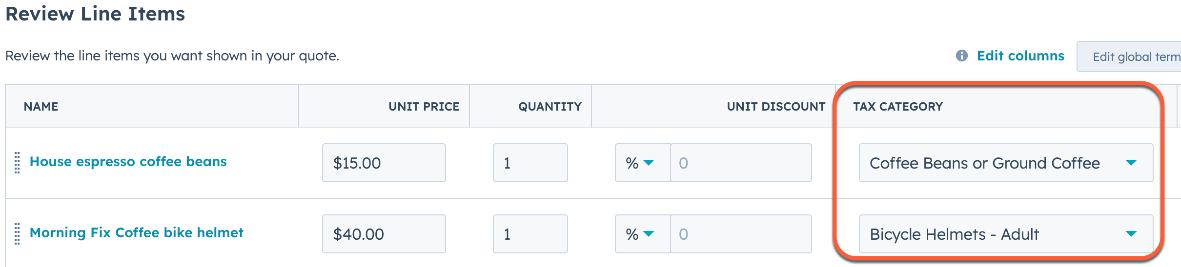 Selecting tax categories for line items when creating a quote in HubSpot.