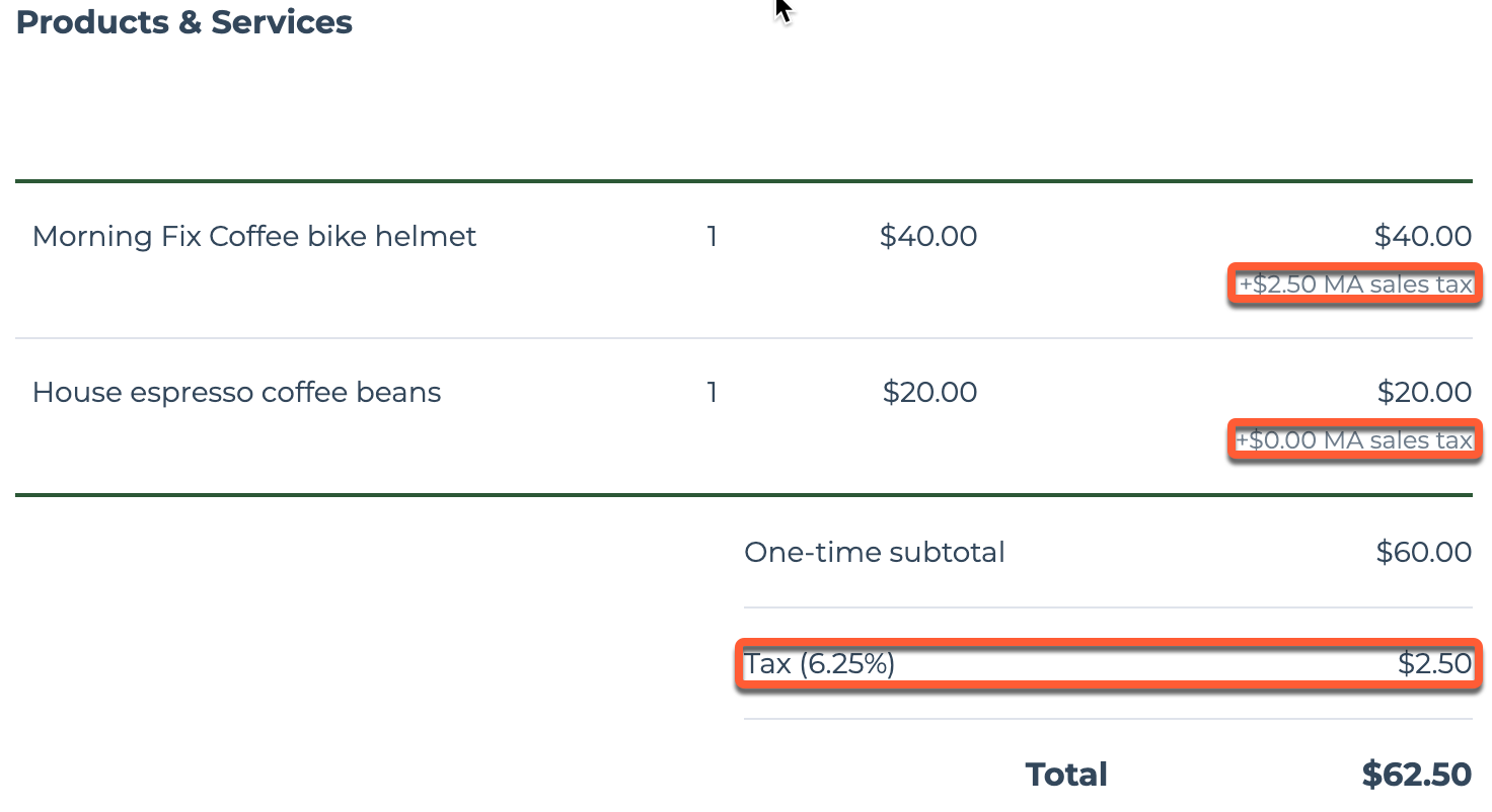 Published HubSpot quote displaying line items with automated sales tax applied.
