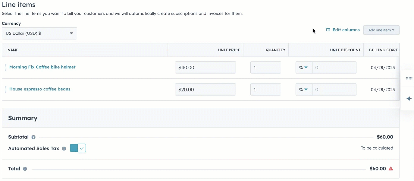 GIF showing how to add Tax Category column to subscriptions line items in HubSpot.