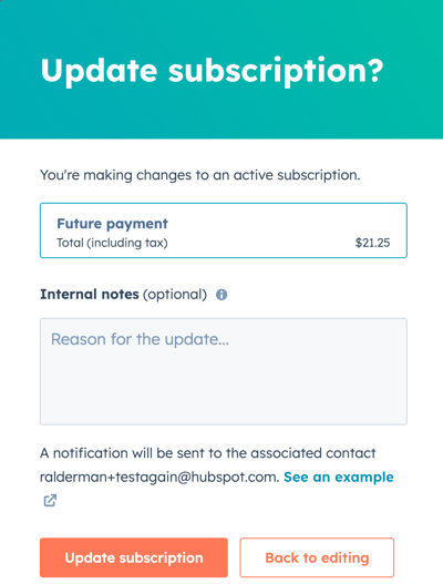 Dialog box confirming updated subscription details with automated tax in HubSpot.
