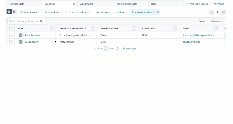 A GIF image showing automatic remove of symbols in a postal code property on a CRM index page.