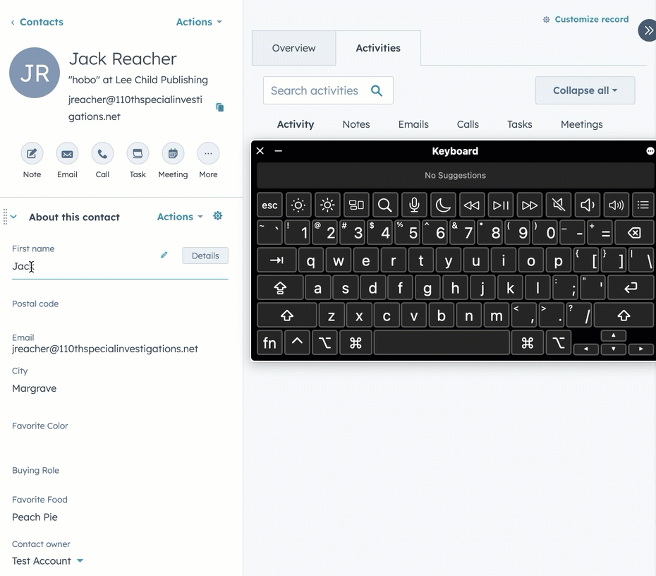 GIF image showing a contact named Jack Reacher. An on screen keyboard is displayed. The user enters numbers and special characters into the first name property. Those values are not saved.