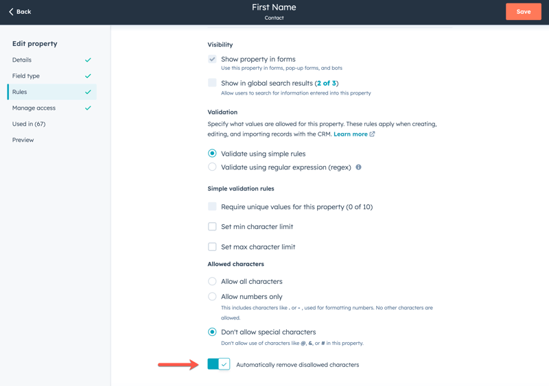 Screenshot of HubSpot's 'Edit property' settings. Under 'Validation,' the 'Don't allow special characters' checkbox is selected, and below it, the 'Automatically remove disallowed characters' option is also checked.