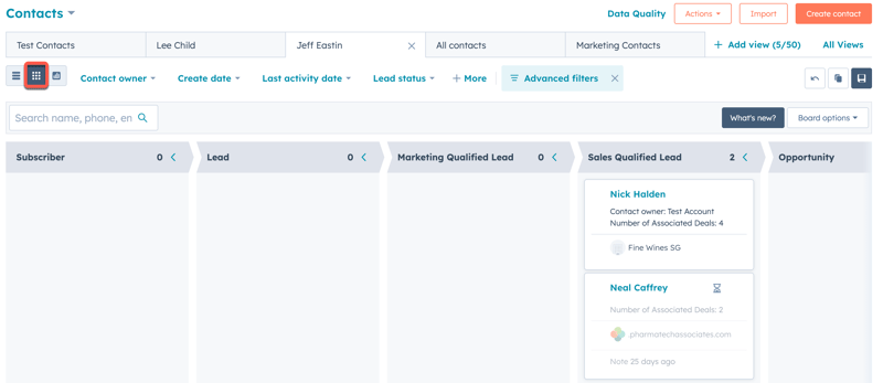 Kanban board view of contacts, organized by lifecycle stages. The board view icon in the upper left is highlighted. Contact card for Nick Halden is visible in the 'Sales Qualified Lead' column