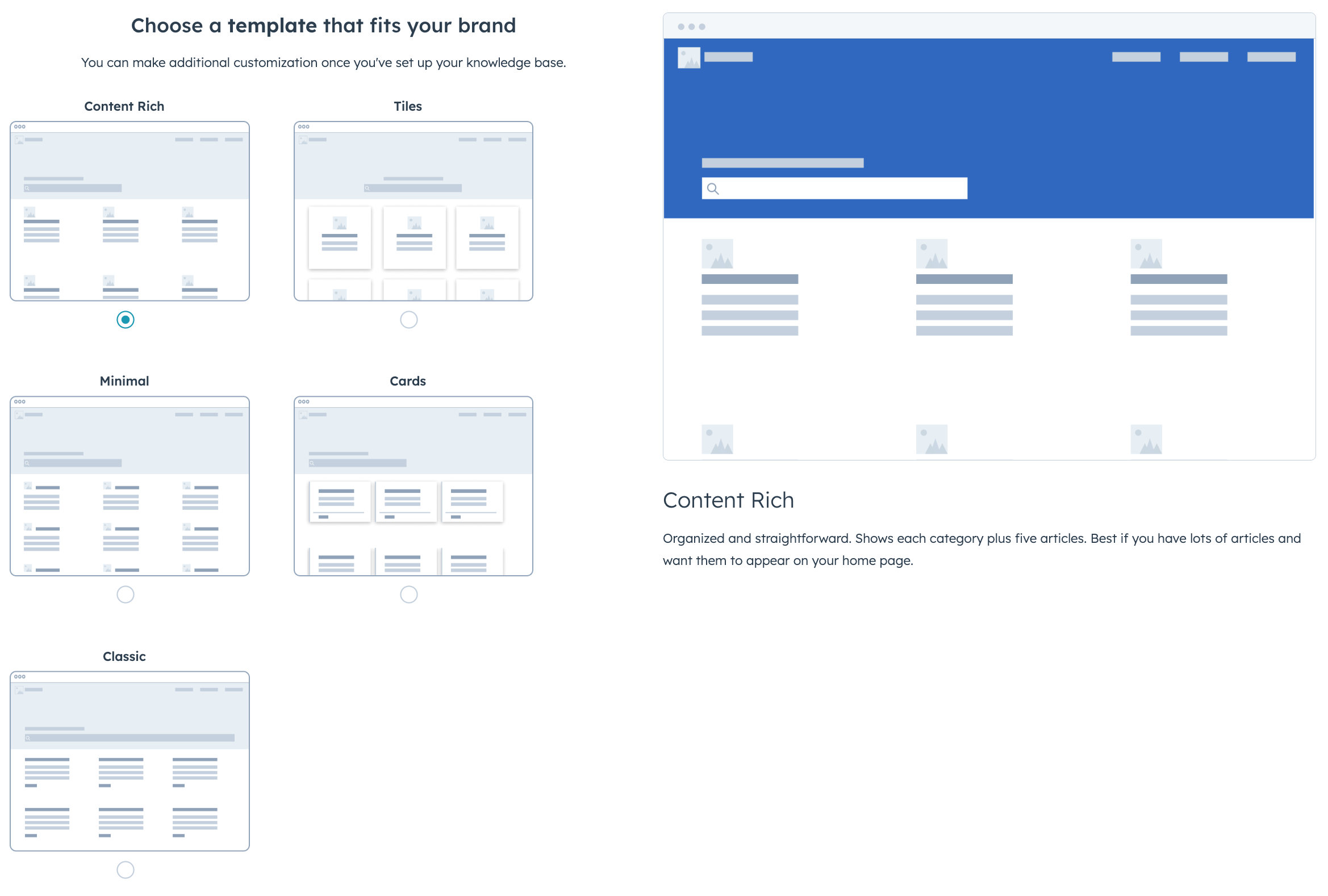 Select a template page to configure the knowledge base home page. Options include content rich, tiles, minimal, cards, and classic.