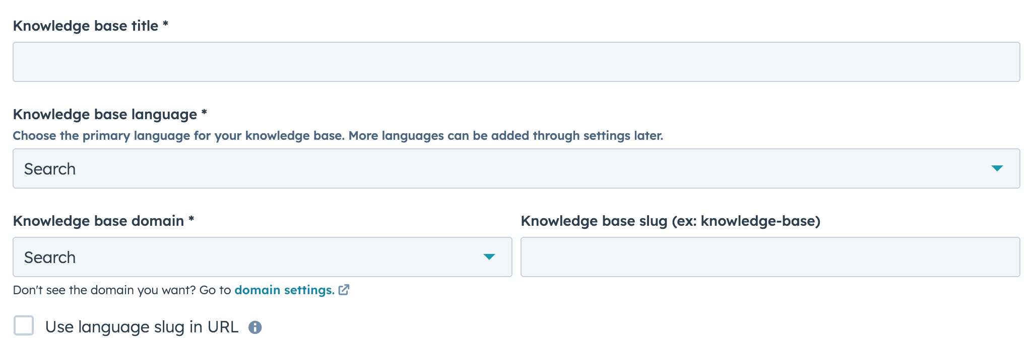 Setup knowledge base page with fields for title, language, domain, and slug.