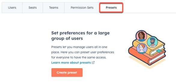 screenshot showing the Presets tab in Settings > Users & Teams in HubSpot