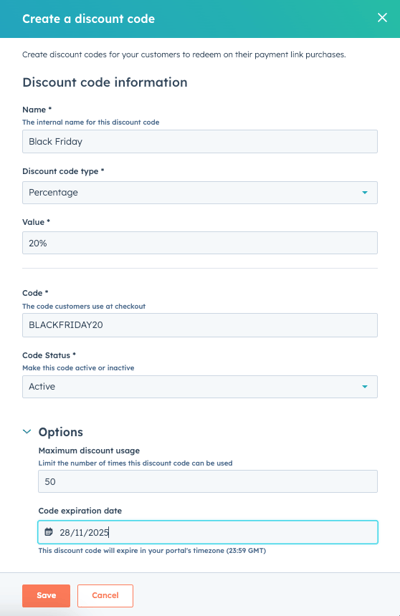 HubSpot interface for creating a new discount code, showing fields for name, type, value, code, and status.