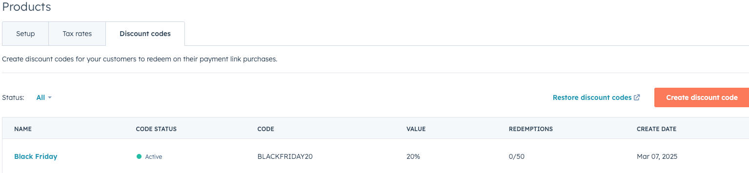 HubSpot discount code table displaying a list of discount codes with details like name, code, status, redemptions, and value.